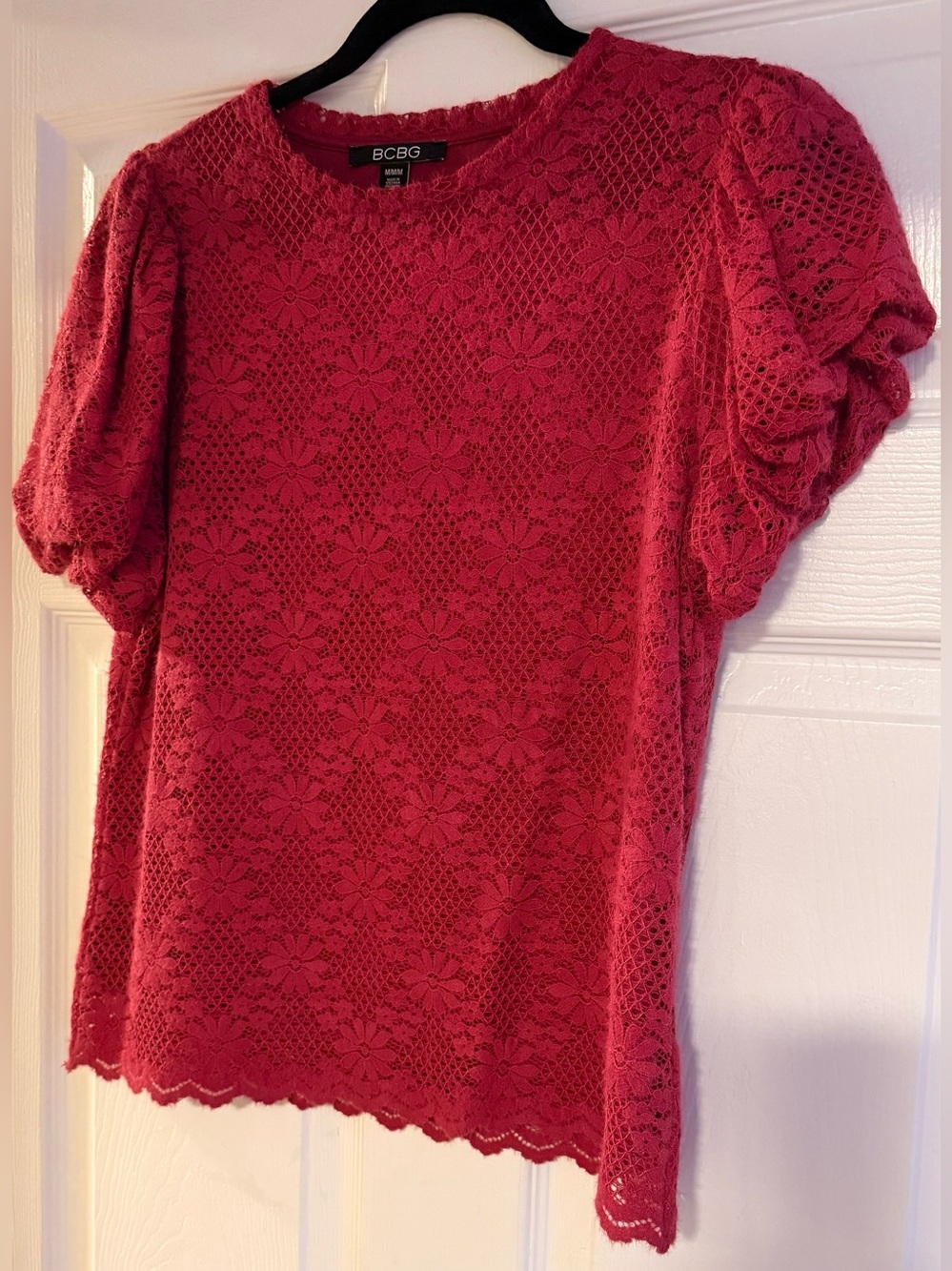 BCBG Pink Floral Lace Puff-Sleeve Blouse
